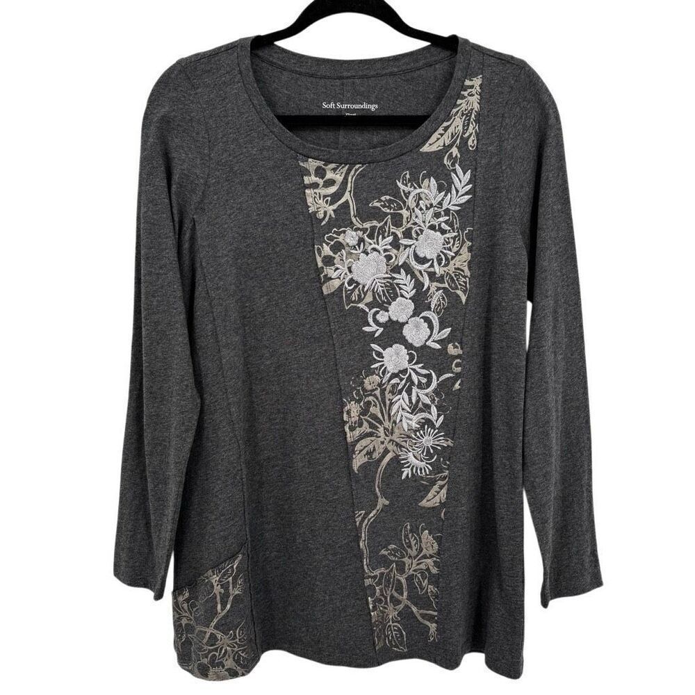 Soft Surroundings Julietta Embroidered Top Dark Heathered Gray Size XS NWT‎